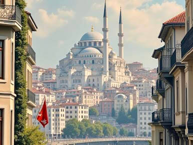Scenic view of Istanbul with the Blue Mosque, Bosphorus waterfront, and historic streets with vintage cars