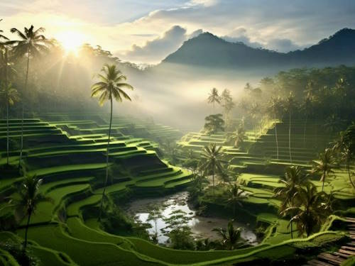 Stunning sunrise over lush green Bali rice terraces with palm trees