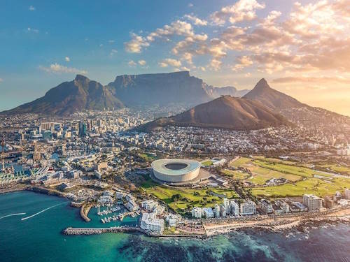 Aerial view of Cape Town with Table Mountain and the Cape Town Stadium