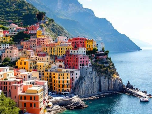 Colorful cliffside houses in Cinque Terre, Italy overlooking the turquoise sea